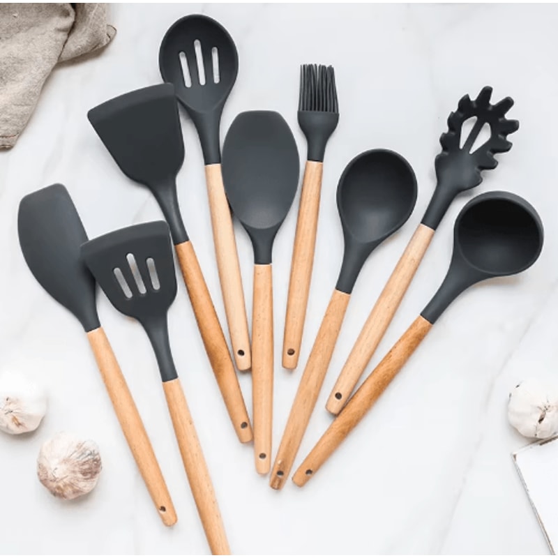 12Piece Silicone Kitchen Utensil Set NonStick Cooking Tools With Wooden Handles 9