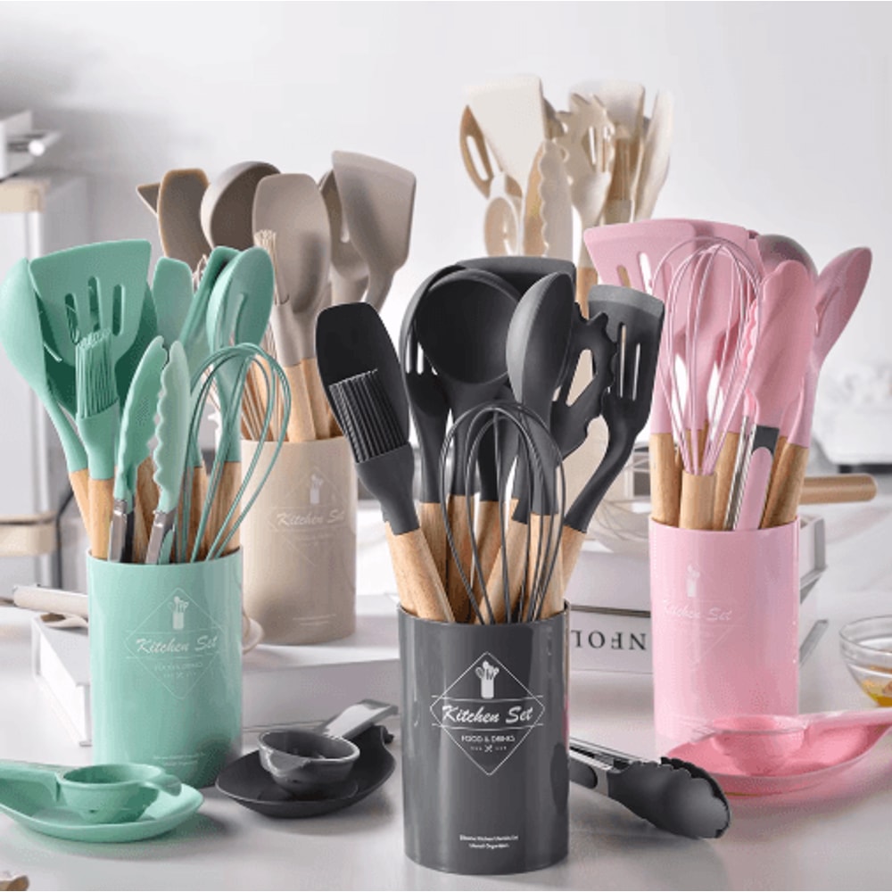 12Piece Silicone Kitchen Utensil Set NonStick Cooking Tools With Wooden Handles 12