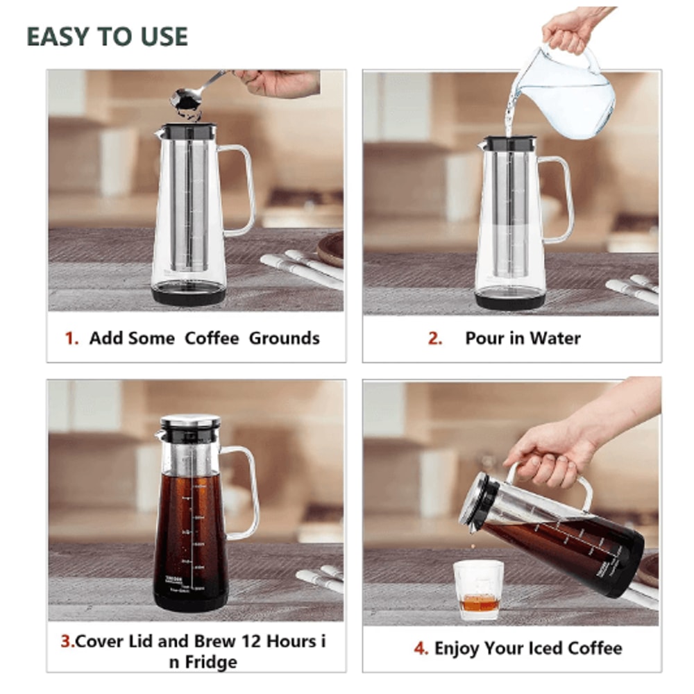 Leeseph Cold Brew Coffee Maker 1L Glass Pitcher With Stainless Steel Filter Tea Infuser 4