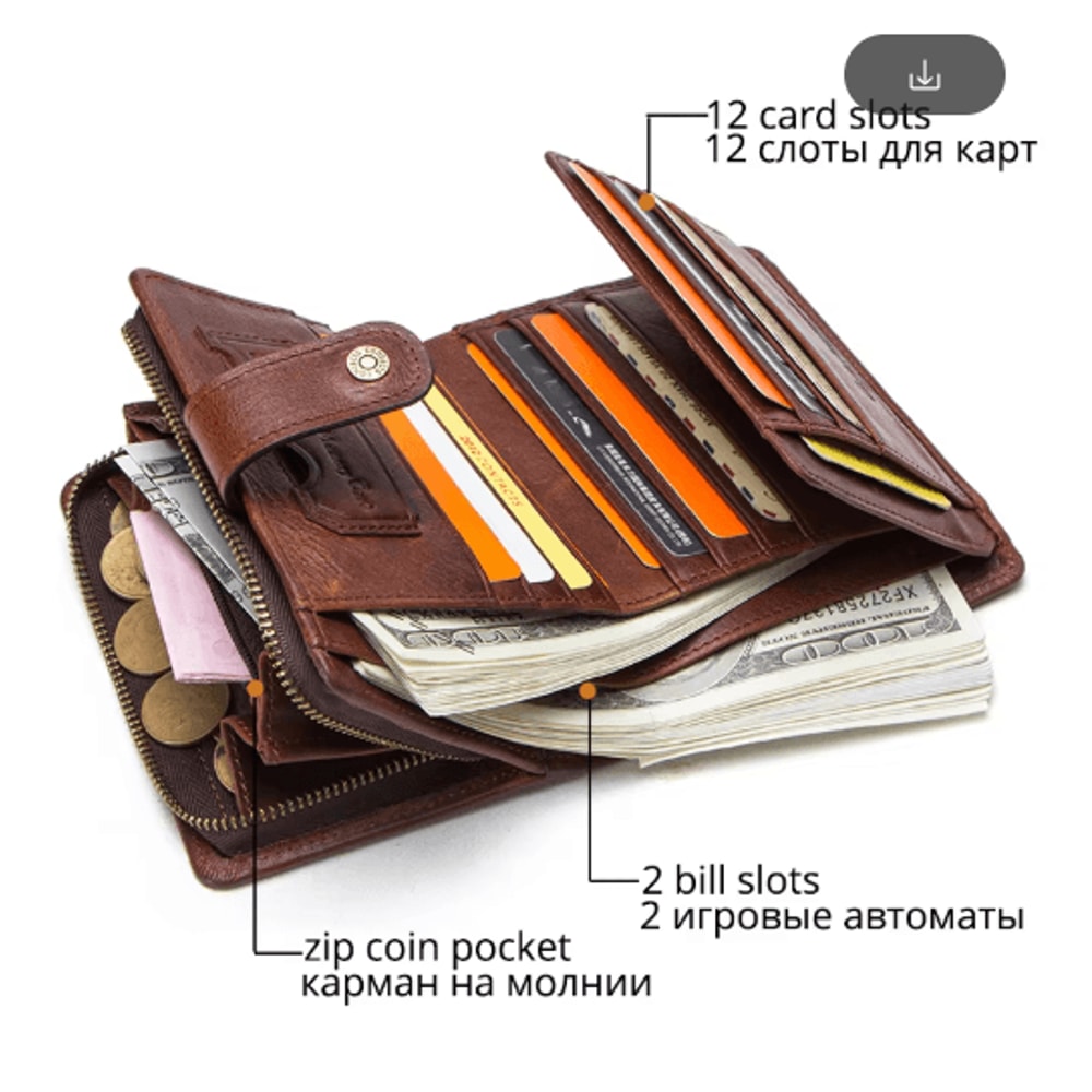 Vintage RFID Leather Wallet For Men Genuine Leather Zip Wallet With Coin Pocket 12