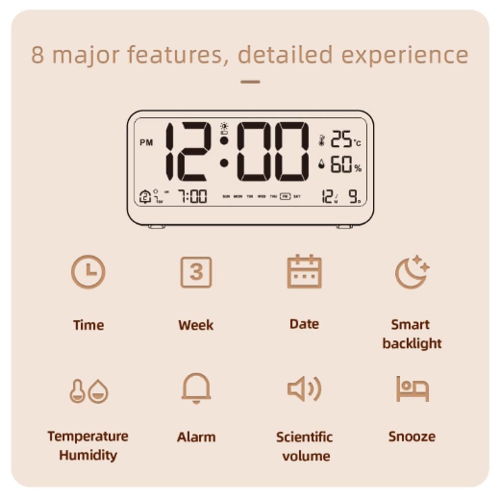 8001 EN Digital Alarm Clock With LED Display Dual Alarm Temperature Humidity Monitor 6