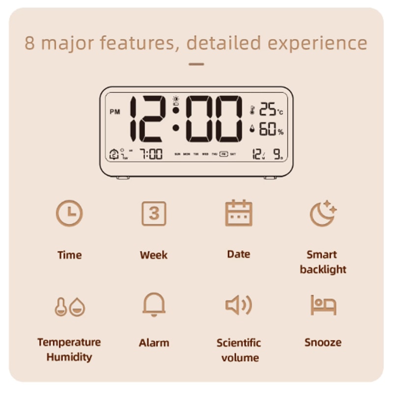 8001 EN Digital Alarm Clock With LED Display Dual Alarm Temperature Humidity Monitor 6