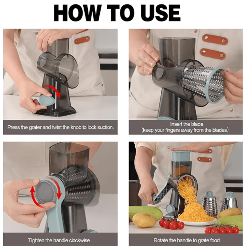 LMETJMA Rotary Cheese Grater 3in1 Manual Vegetable Slicer Nut Grinder 5