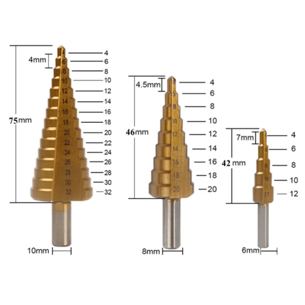 6Piece Step Drill Bit Set Titanium Coated MultiSize Metal Wood Hole Cutter Kit 5