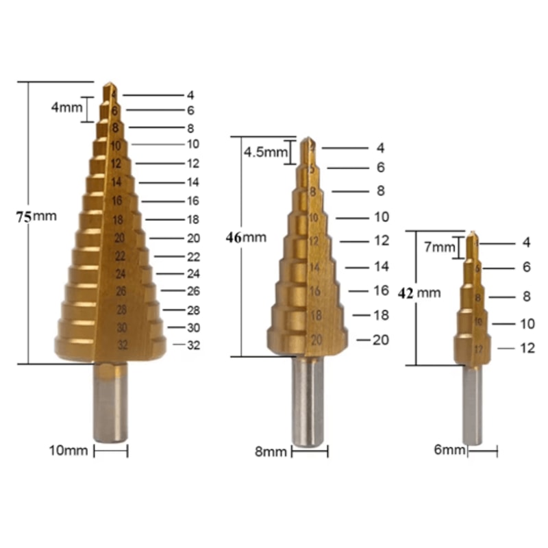 6Piece Step Drill Bit Set Titanium Coated MultiSize Metal Wood Hole Cutter Kit 5