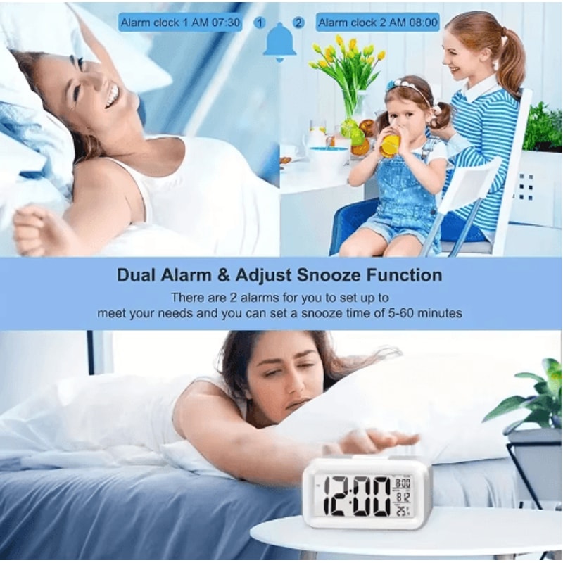 Smart Digital Alarm Clock With LCD Display Temperature Calendar LED Backlight 12