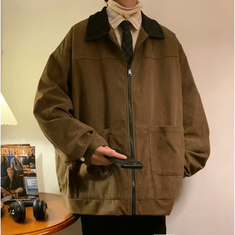 American Vintage Mens Bomber Jacket Loose Fit Cargo Windbreaker Zipper Coat 2