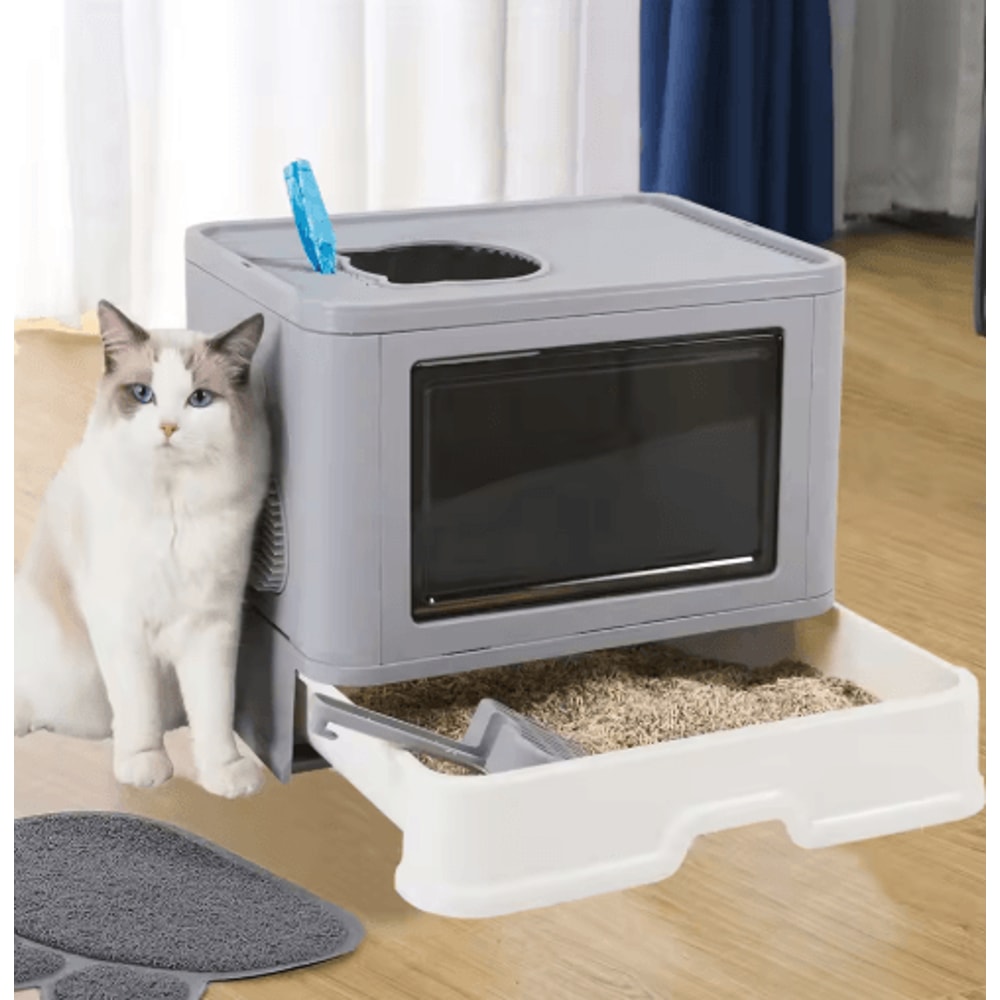 Foldable Enclosed Cat Litter Box Top Entry Odor Control Kitty Toilet With Scoop 0