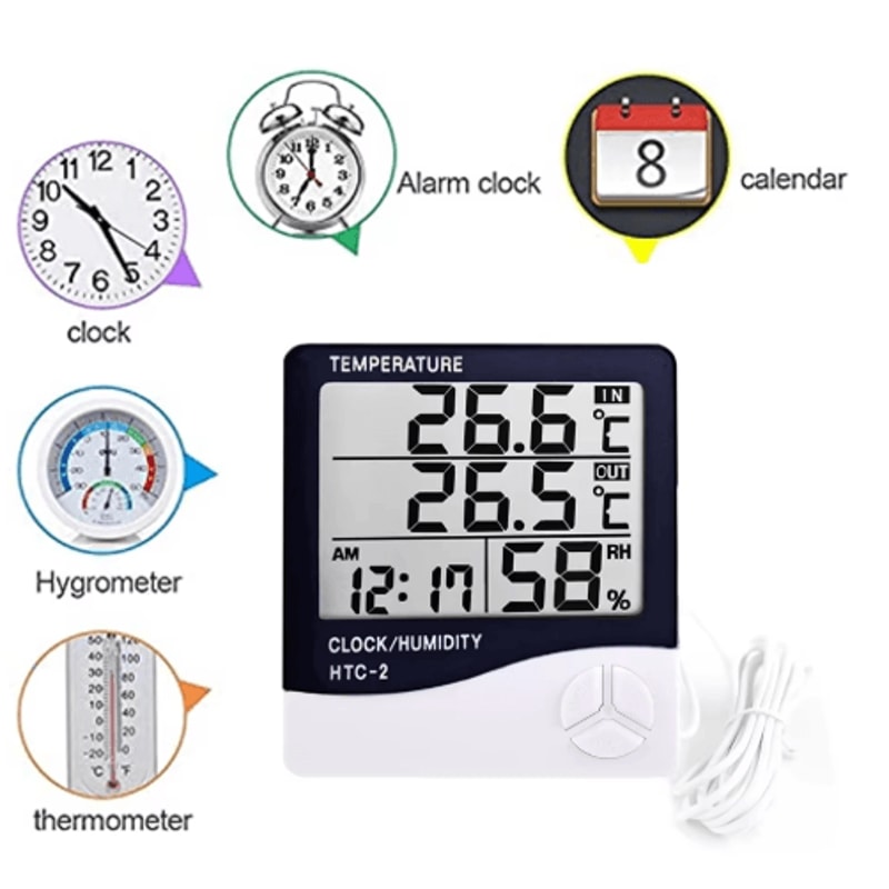 LCD Digital Thermometer Hygrometer Indoor Outdoor Temperature Humidity Monitor With Clock 0
