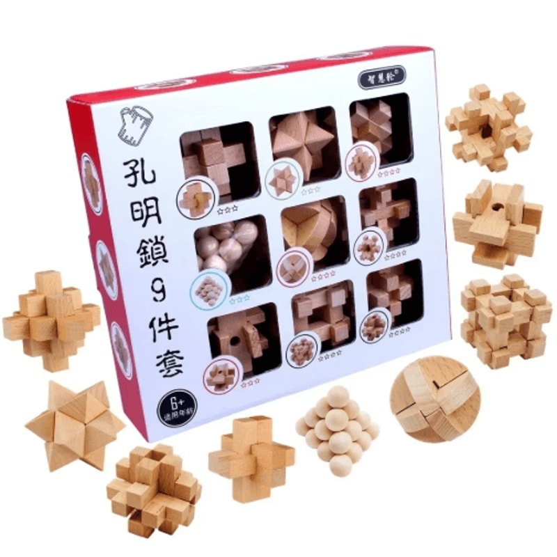 9Piece Luban Lock Puzzle Set Wooden Brain Teaser IQ Educational Toys For Kids Students 1