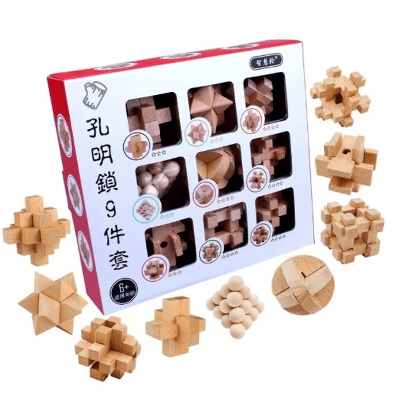 9Piece Luban Lock Puzzle Set Wooden Brain Teaser IQ Educational Toys For Kids Students 4