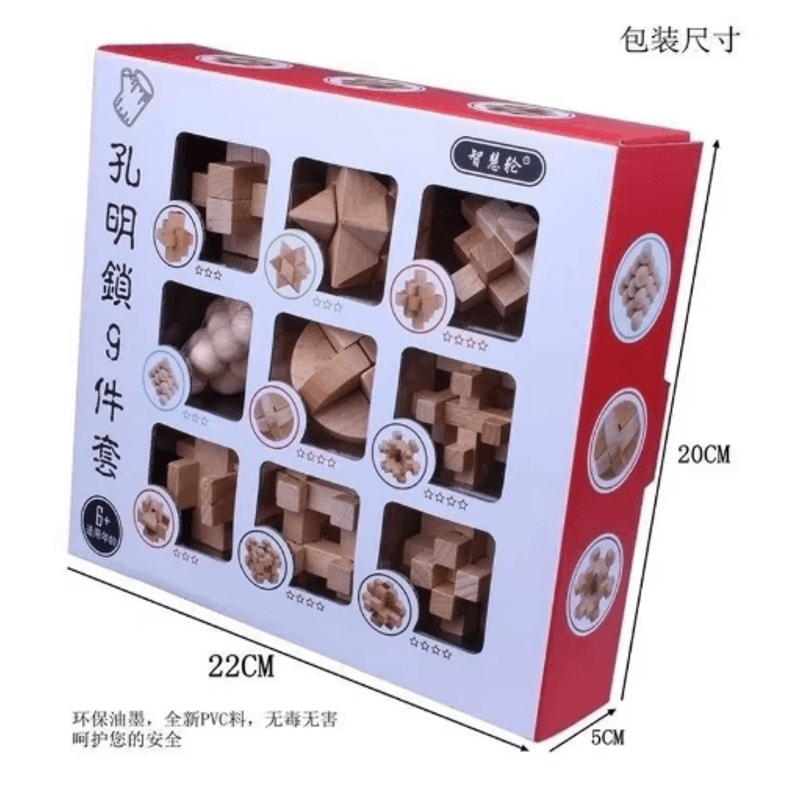 9Piece Luban Lock Puzzle Set Wooden Brain Teaser IQ Educational Toys For Kids Students 5