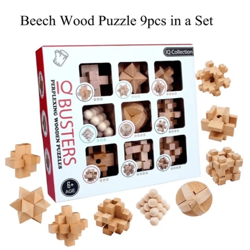 9Piece Luban Lock Puzzle Set Wooden Brain Teaser IQ Educational Toys For Kids Students 0
