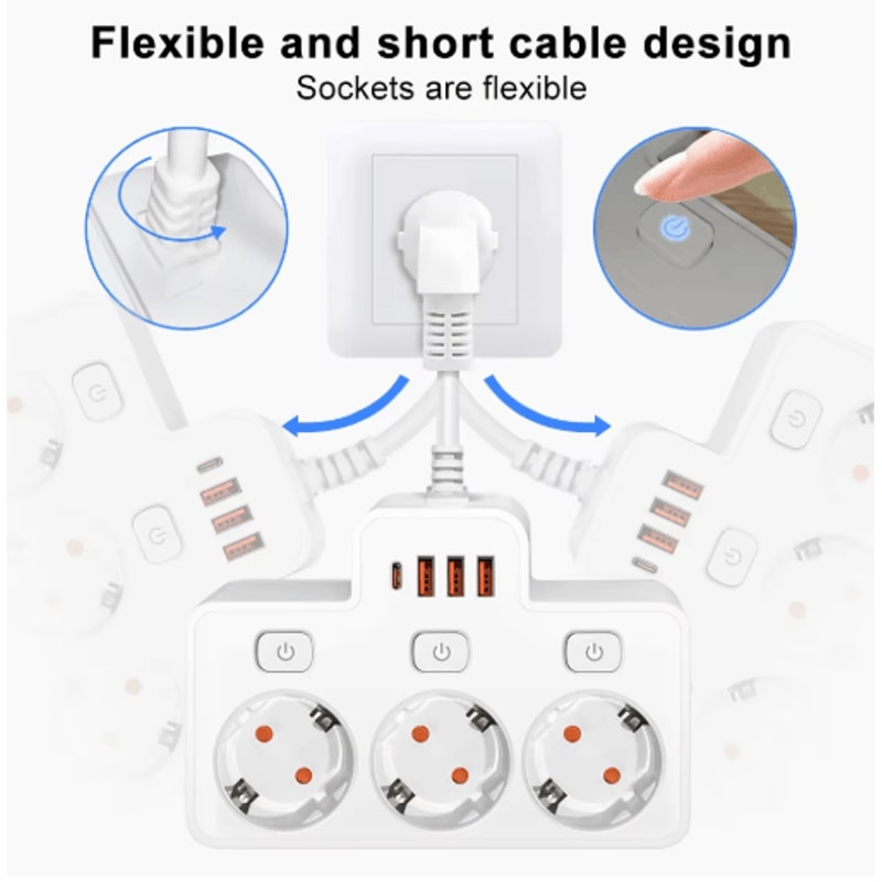 WallMounted Power Strip With USB Surge Protected EU Plug Adapter With Individual Switches 4