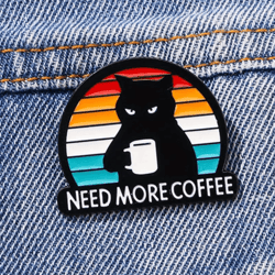 funny black cat coffee pin need more coffee cute enamel brooch badge