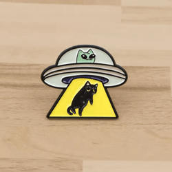 ufo alien black cat enamel pin brooch for bags, jackets & cosplay