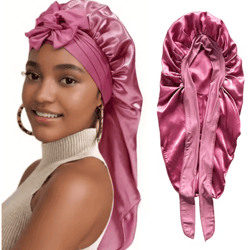 silkease long satin bonnet & elastic headband set for overnight hair protection