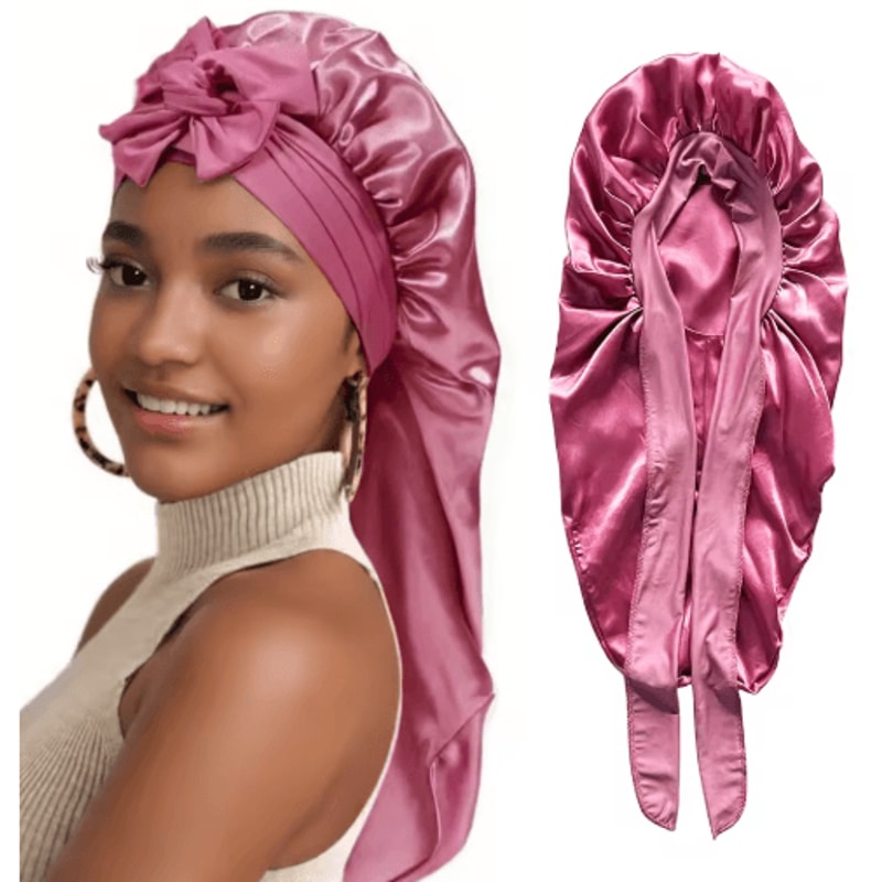 SilkEase Long Satin Bonnet Elastic Headband Set For Overnight Hair Protection 0