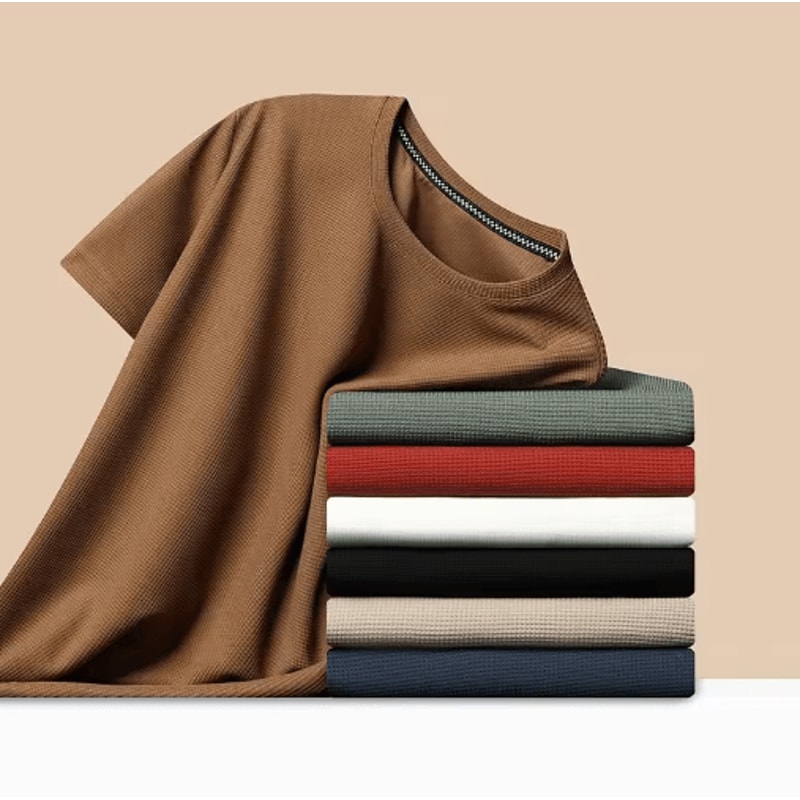 Mens Waffle Knit T Shirt Cotton Round Neck Casual Summer Top 0