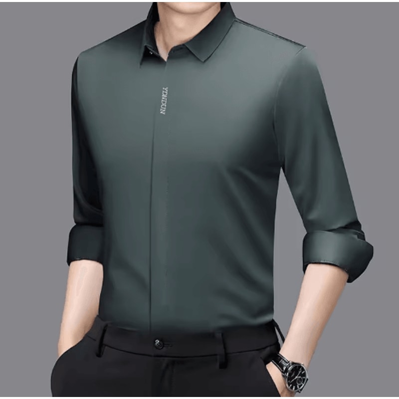 Mens Wrinkle Free Business Casual Shirt Long Sleeve Solid Color AllSeason Top 3