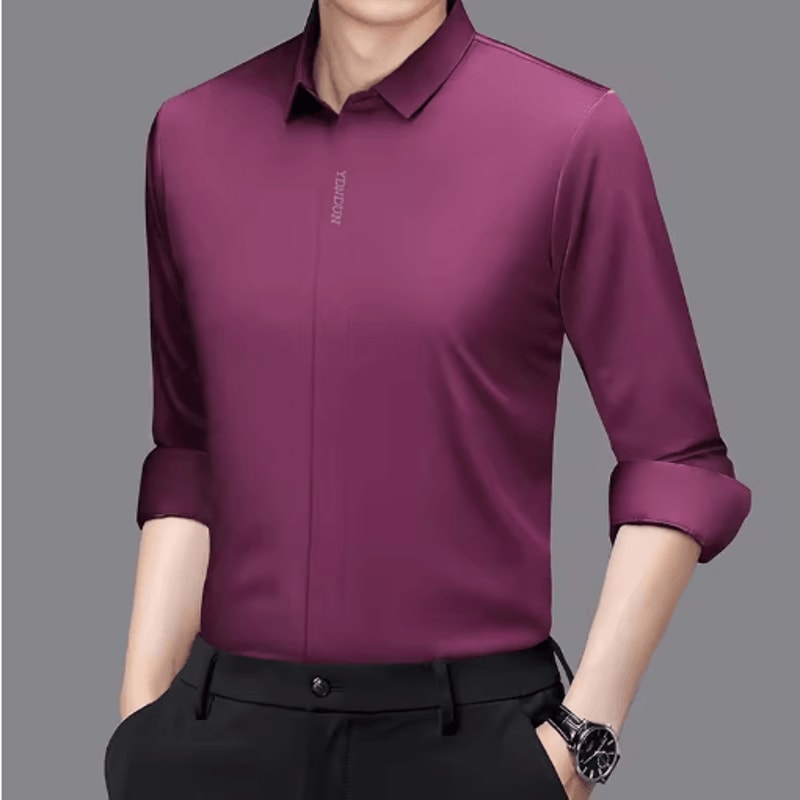 Mens Wrinkle Free Business Casual Shirt Long Sleeve Solid Color AllSeason Top 8