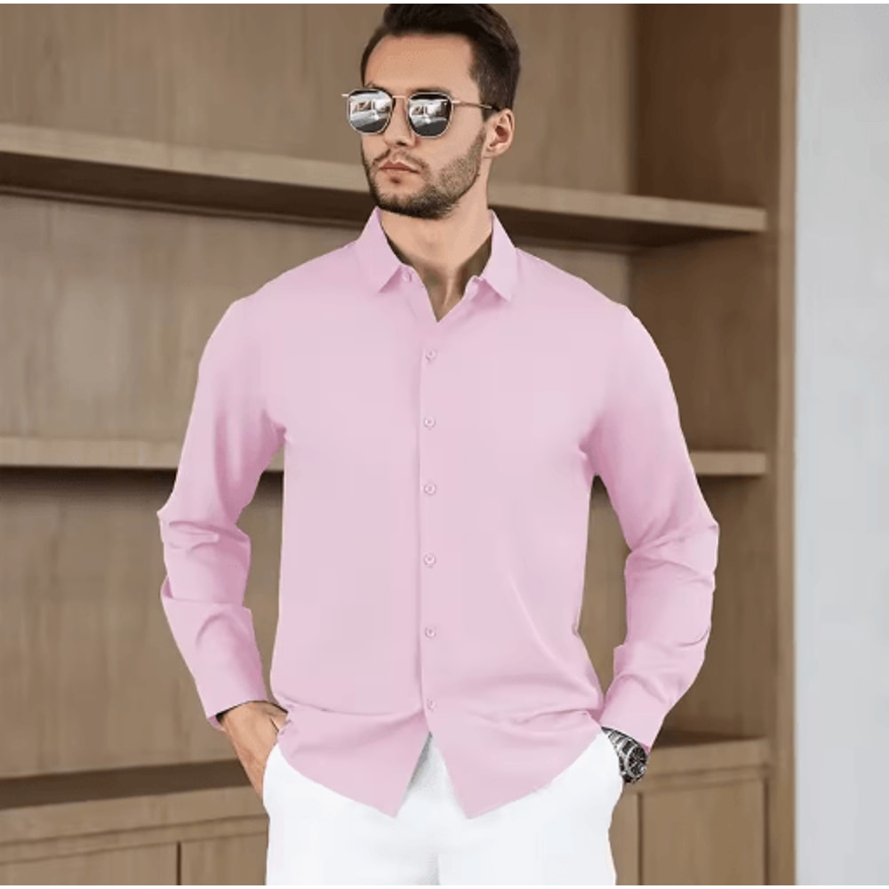 Mens WrinkleFree Long Sleeve Shirt Business Casual Solid Color Office Essential 4