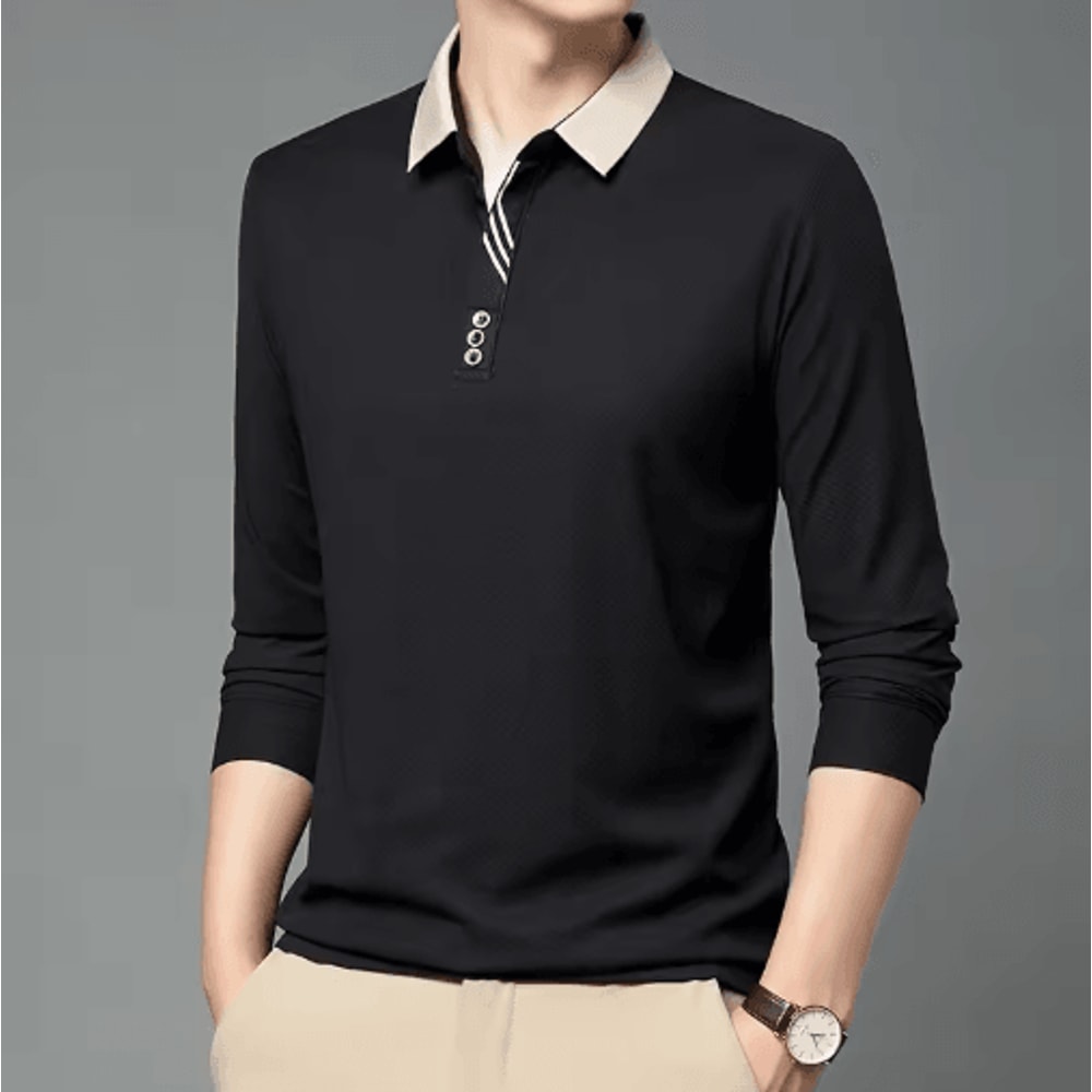 Mens Long Sleeve Polo Shirt Breathable Business Casual Solid Color Top 0