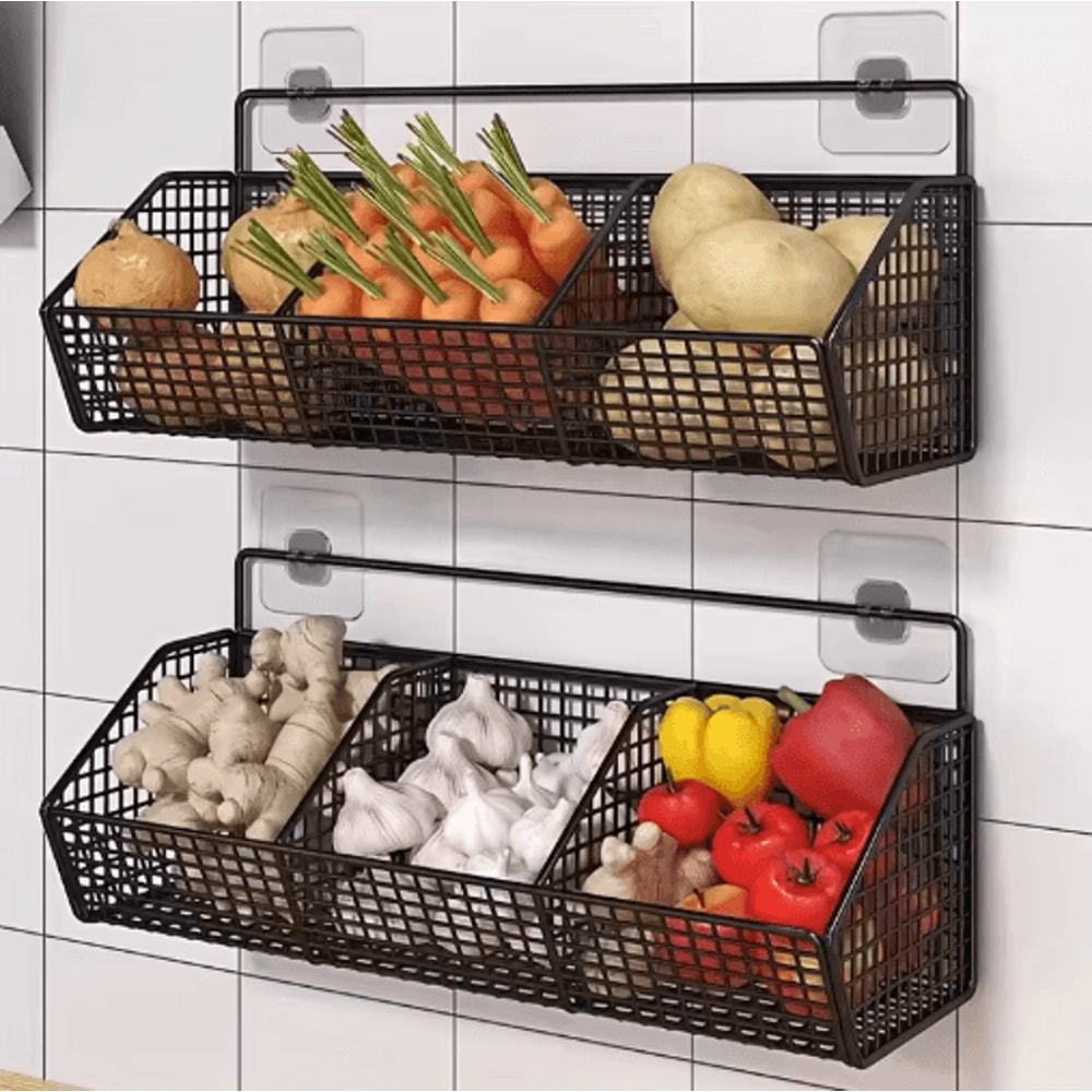 Wall Mounted Kitchen Storage Basket Metal Wire Organizer For Vegetables Spices 2