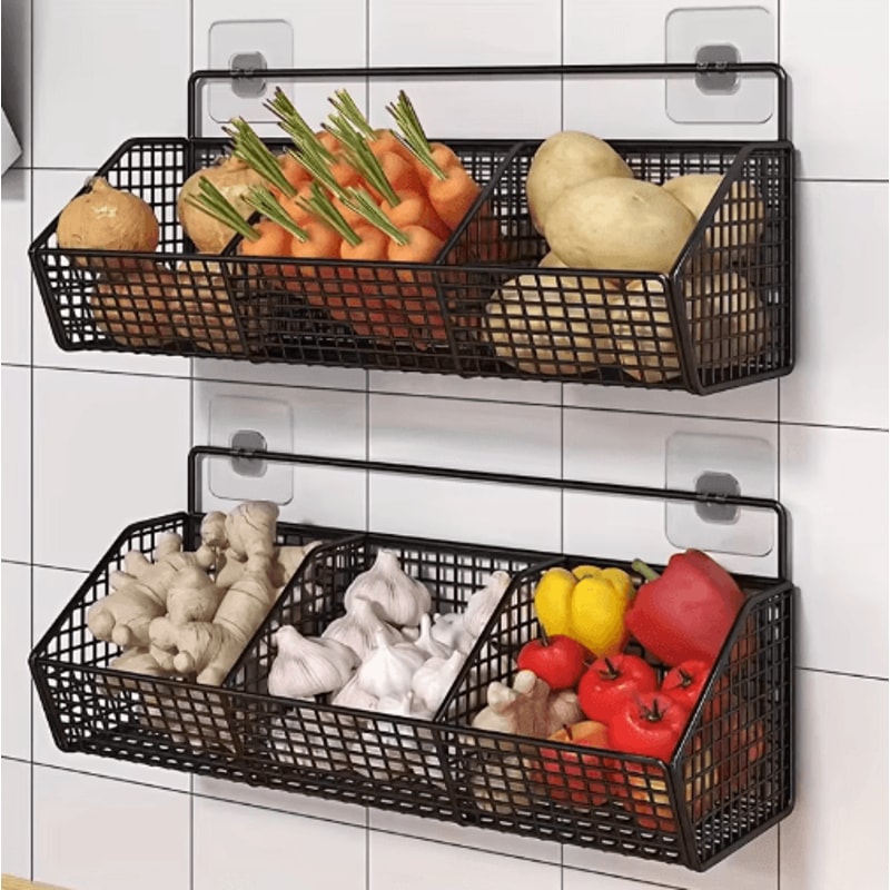 Wall Mounted Kitchen Storage Basket Metal Wire Organizer For Vegetables Spices 0