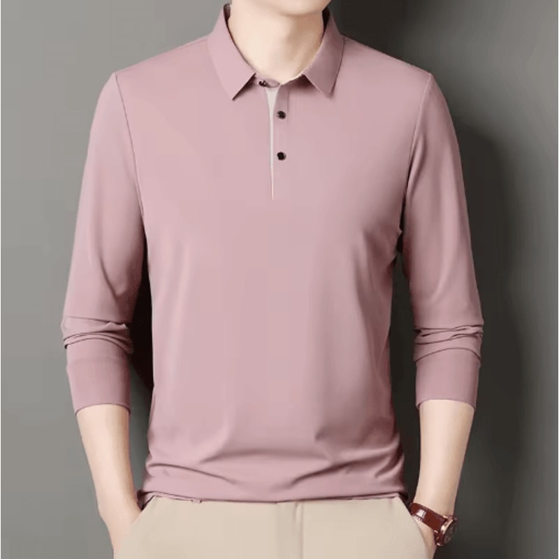 Mens Long Sleeve Polo Shirt 2025 Business Casual Breathable Solid Color Top 2