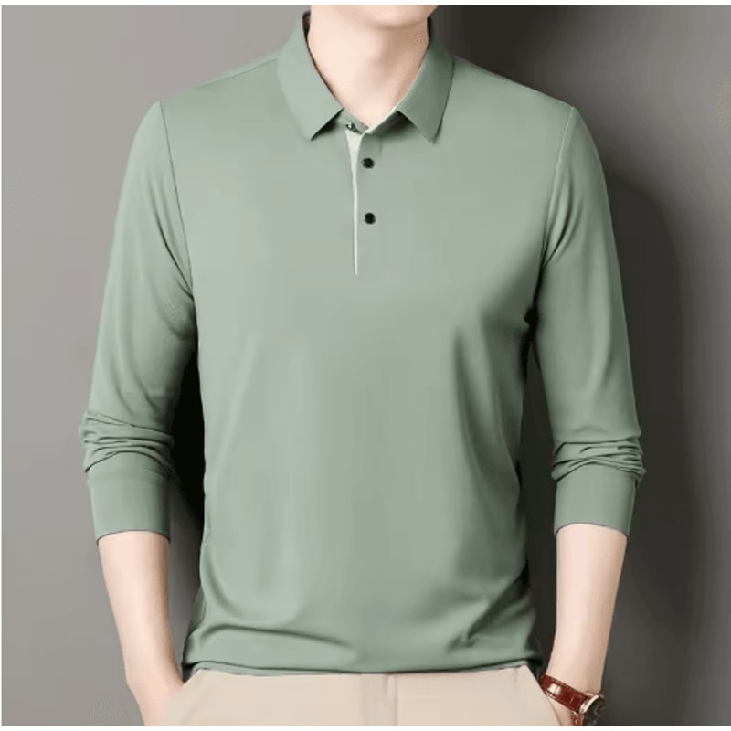 Mens Long Sleeve Polo Shirt 2025 Business Casual Breathable Solid Color Top 3