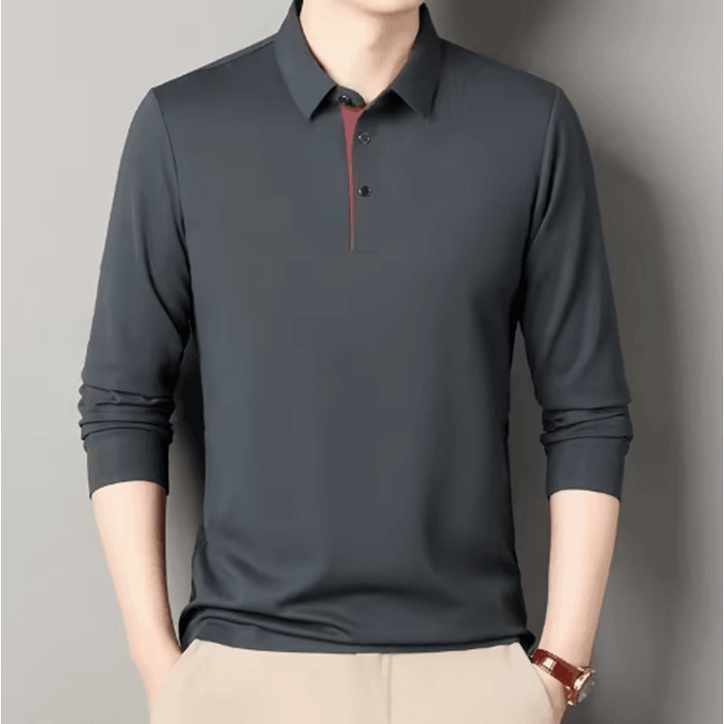 Mens Long Sleeve Polo Shirt 2025 Business Casual Breathable Solid Color Top 4