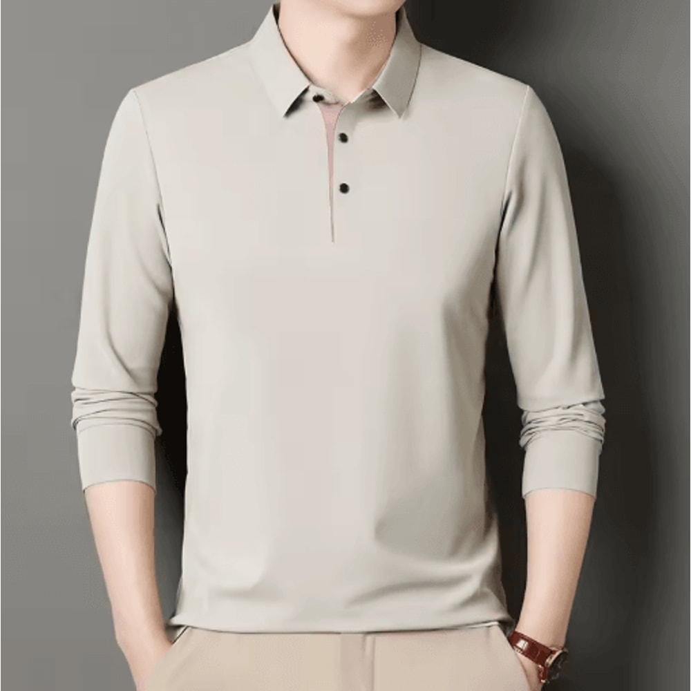 Mens Long Sleeve Polo Shirt 2025 Business Casual Breathable Solid Color Top 6