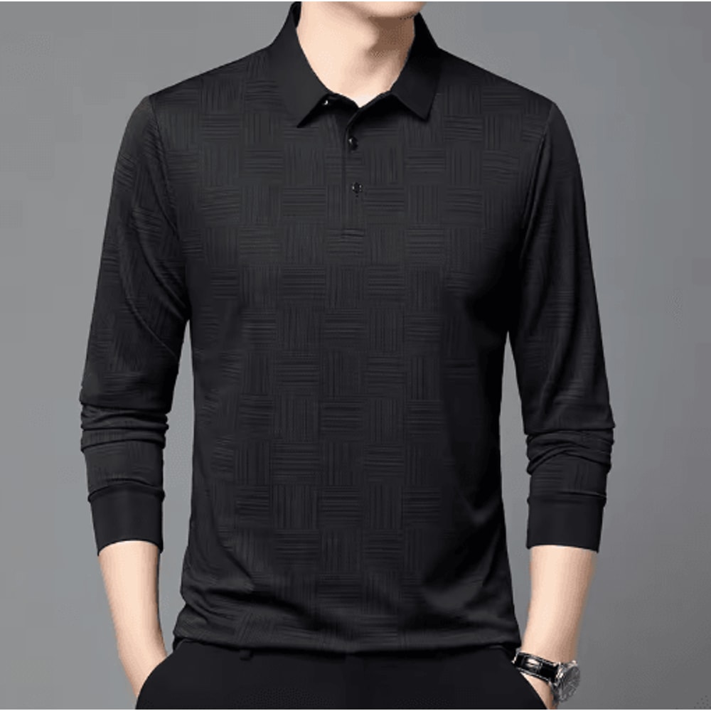 Mens Long Sleeve Polo Shirt Business Casual Breathable Solid Color Essential 3