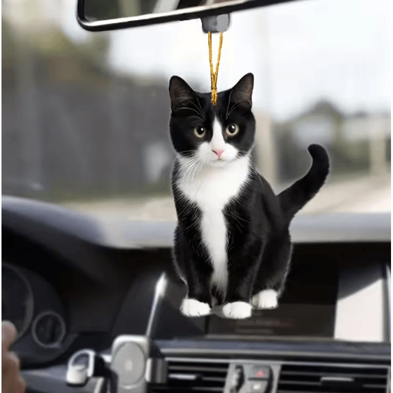 Black White Cat Car Pendant Cute Acrylic Plush Rearview Mirror Ornament 4