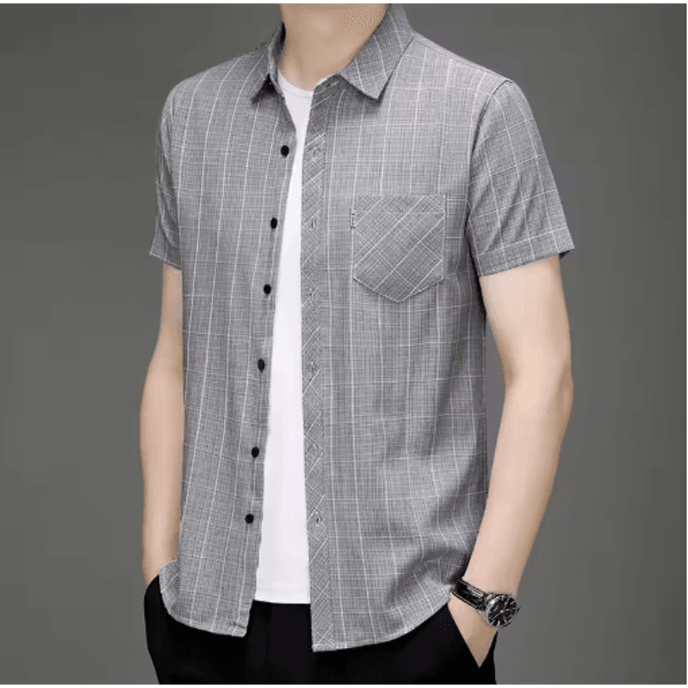 Mens WrinkleFree Printed Shirt Short Sleeve Business Casual NoIron Top 3