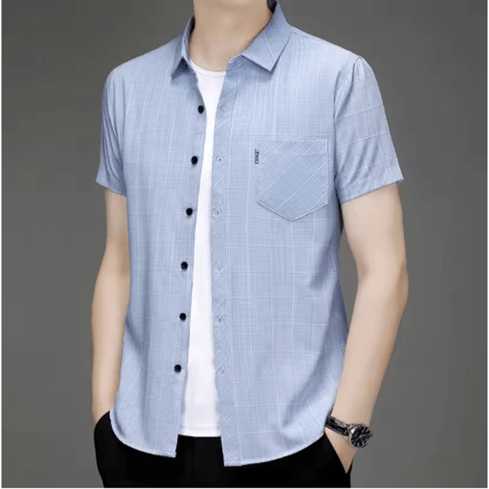 Mens WrinkleFree Printed Shirt Short Sleeve Business Casual NoIron Top 4