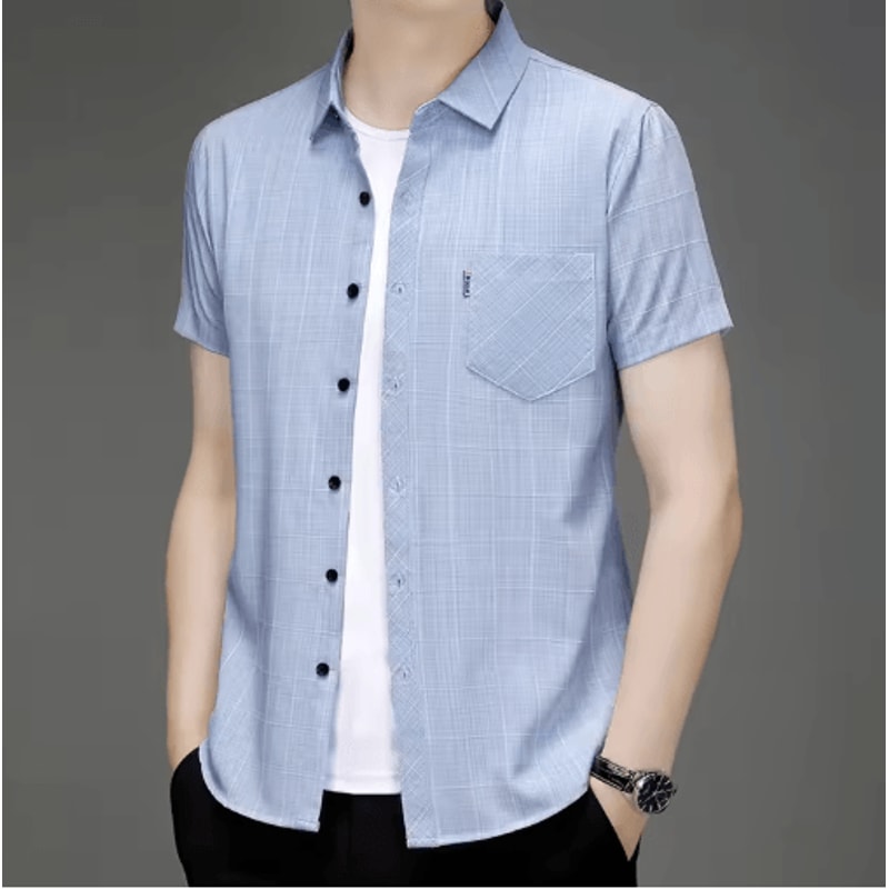 Mens WrinkleFree Printed Shirt Short Sleeve Business Casual NoIron Top 4