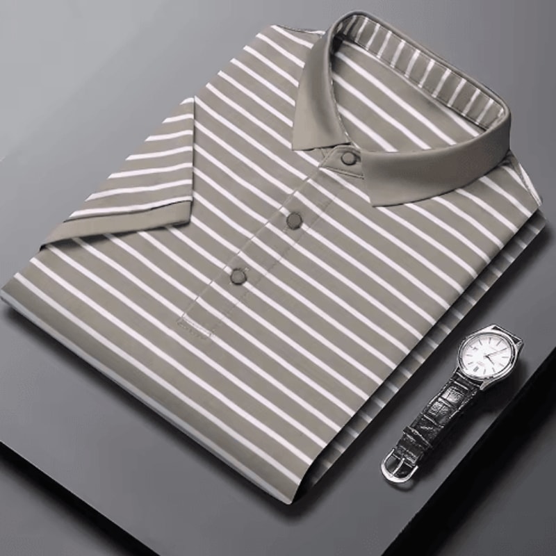 Mens Striped Cotton Polo Shirt Short Sleeve Business Casual Summer Top 1