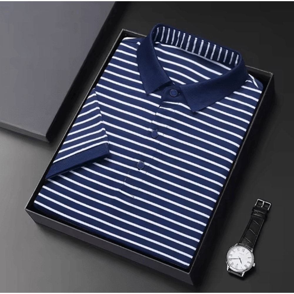 Mens Striped Cotton Polo Shirt Short Sleeve Business Casual Summer Top 2