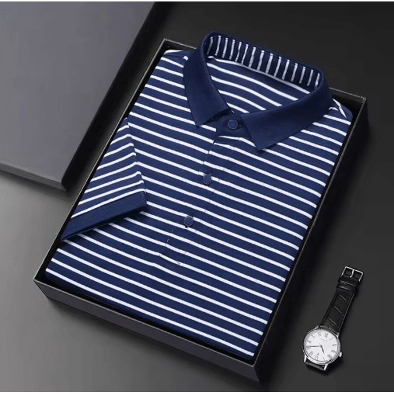 Mens Striped Cotton Polo Shirt Short Sleeve Business Casual Summer Top 2