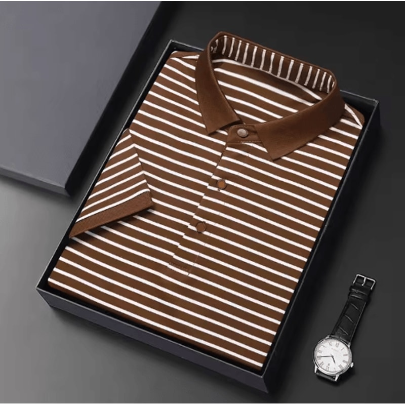 Mens Striped Cotton Polo Shirt Short Sleeve Business Casual Summer Top 4