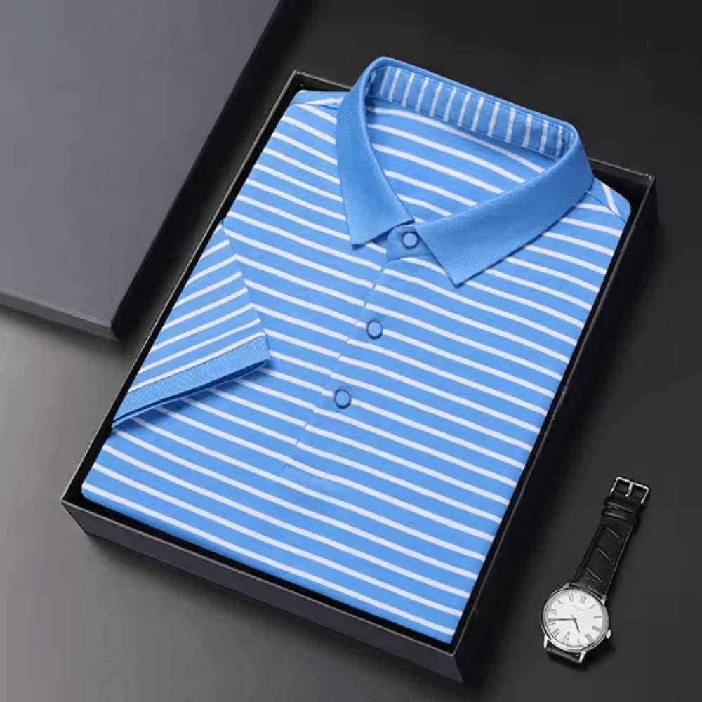 Mens Striped Cotton Polo Shirt Short Sleeve Business Casual Summer Top 5