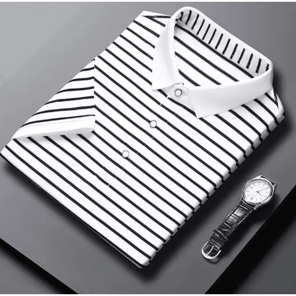 Mens Striped Cotton Polo Shirt Short Sleeve Business Casual Summer Top 0