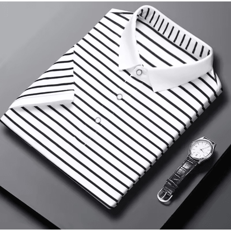 Mens Striped Cotton Polo Shirt Short Sleeve Business Casual Summer Top 0
