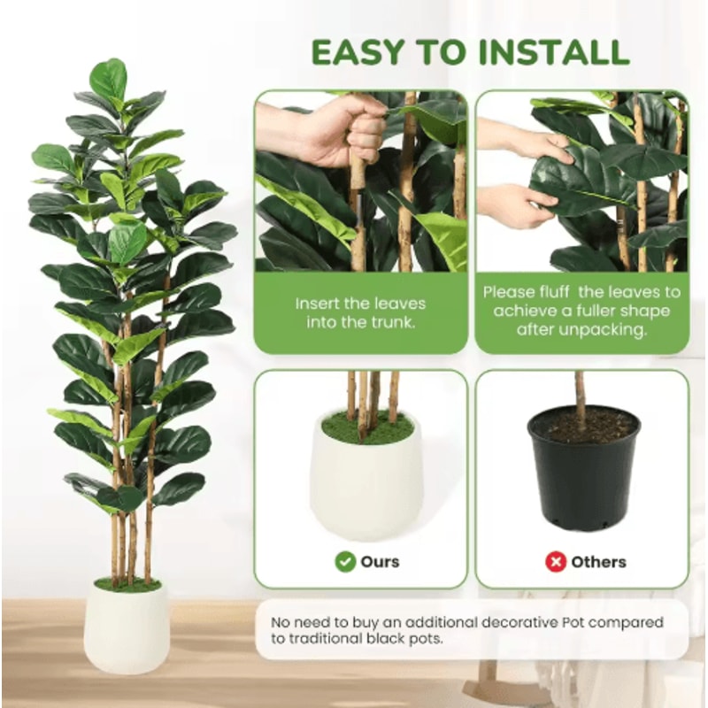 Artificial Fiddle Leaf Fig Tree With Pot Tall Faux Indoor Plant For Home Decor 57 FT 6