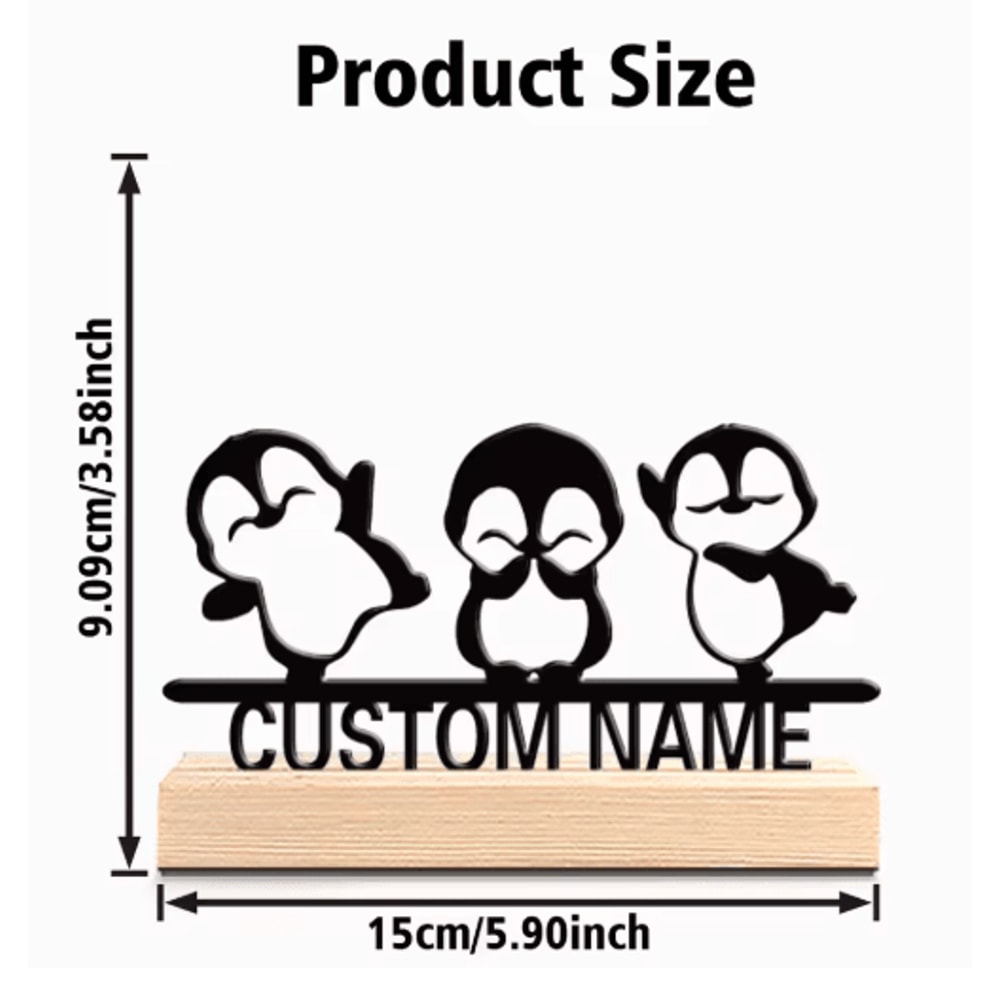 Cute Penguin Metal Statue Decor Adorable Animal Sculpture With Wooden Base For Home Office 0