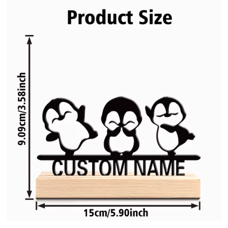 Cute Penguin Metal Statue Decor Adorable Animal Sculpture With Wooden Base For Home Office 0