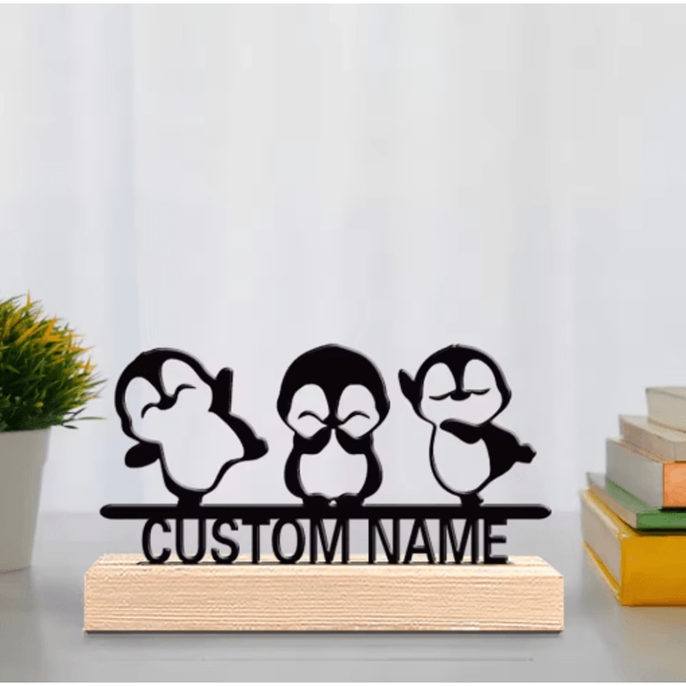 Cute Penguin Metal Statue Decor Adorable Animal Sculpture With Wooden Base For Home Office 6