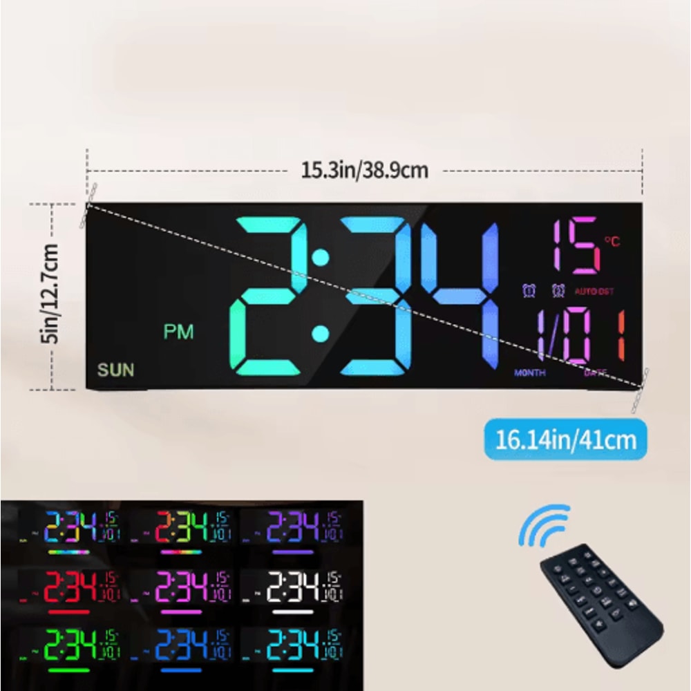 162 Large Digital Wall Clock LED RGB Display With Remote Dual Alarm 1